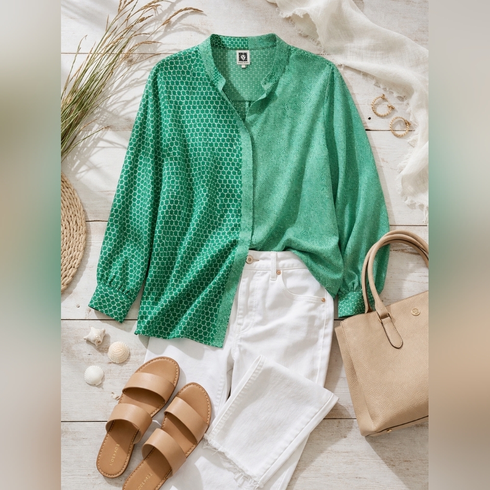 Anne Klein 2X Green Mixed Print Button Front Blouse Tunic Long Sleeve